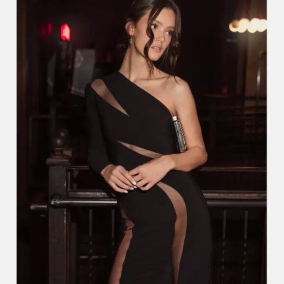 MAC DUGGAL 42014 SEQUINED HIGH NECK LONG SLEEVE LACE UP BACK GRAPHITE GOWN sz 14 - Picture 5 of 7